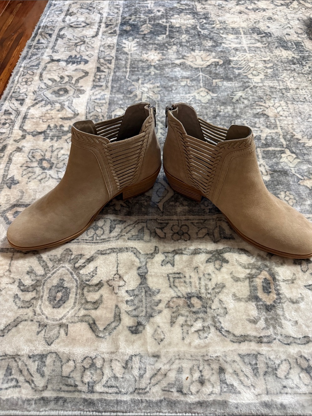 Vince Camuto Taupe Suede Ankle Booties with Braided Elastic Panels